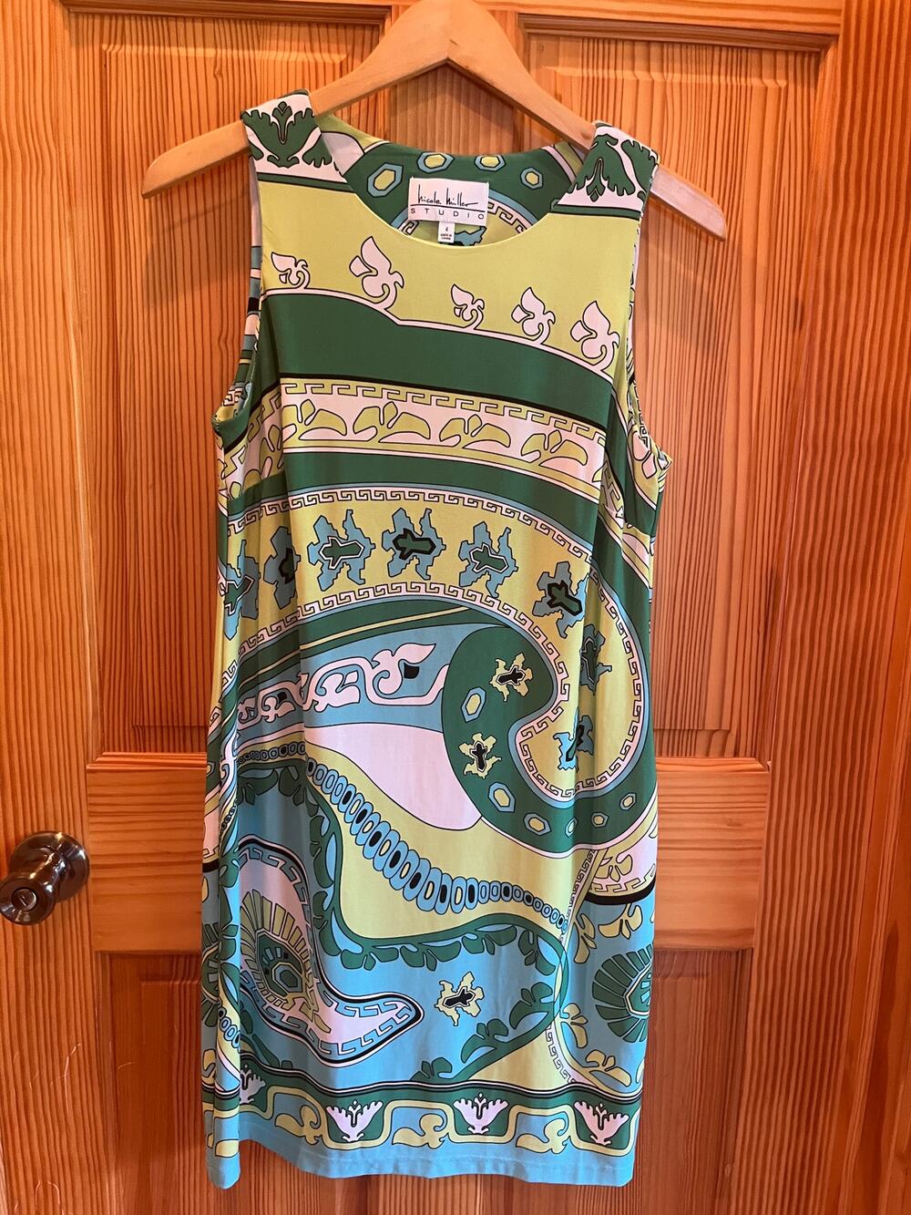 Nicole Miller Studio Size 4 Green Blue Pink Paisley Sleeveless Shift Dress Retro